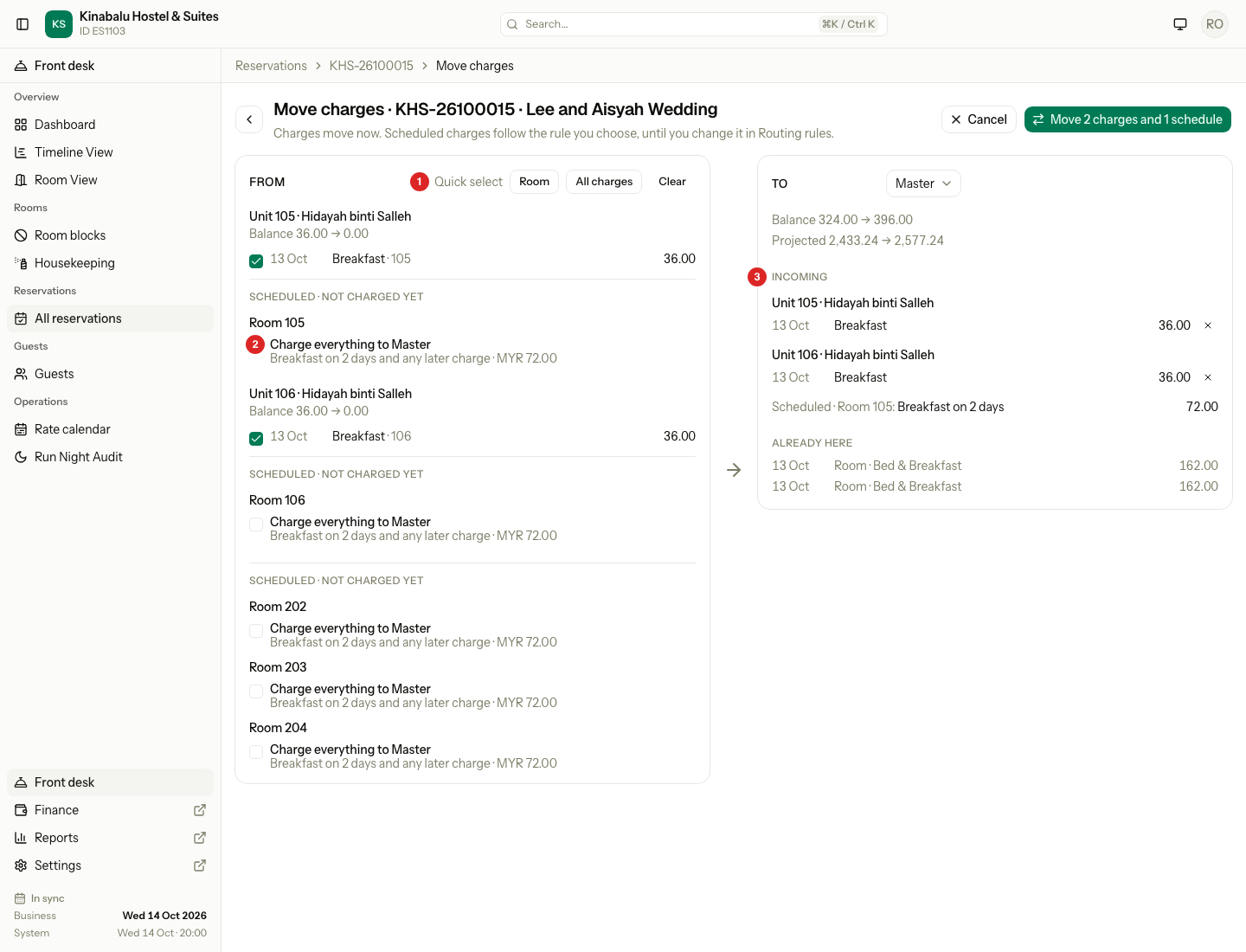 The Move charges page: two charges ticked, one scheduled choice ticked, and the Incoming list on the right