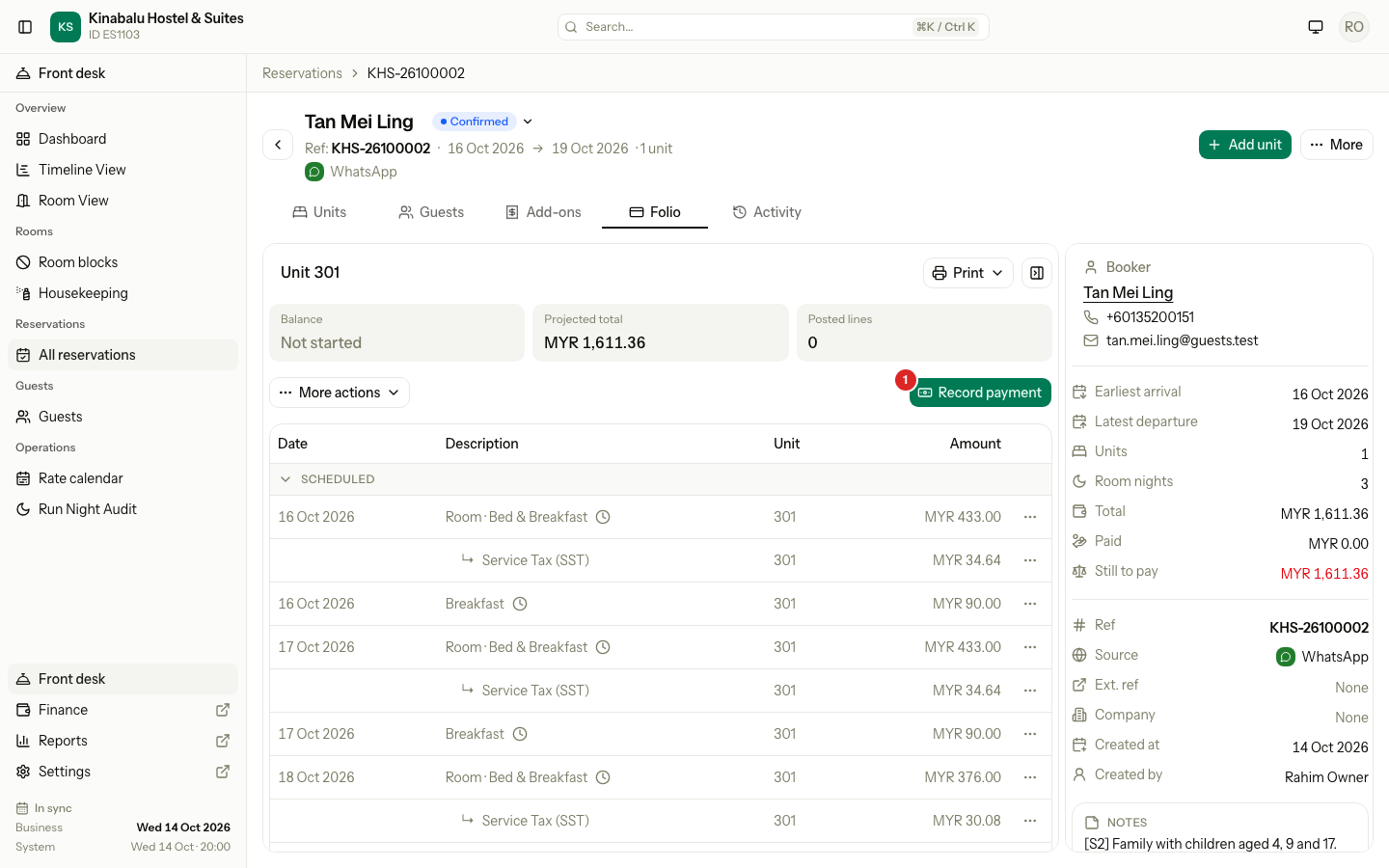 The Folio tab of a unit that has not started, with Record payment numbered 1