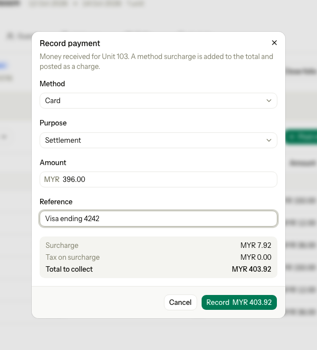 The Record payment dialog with a Card surcharge and the total to collect