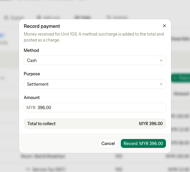 The Record payment dialog with Cash, the first method, and the total to collect