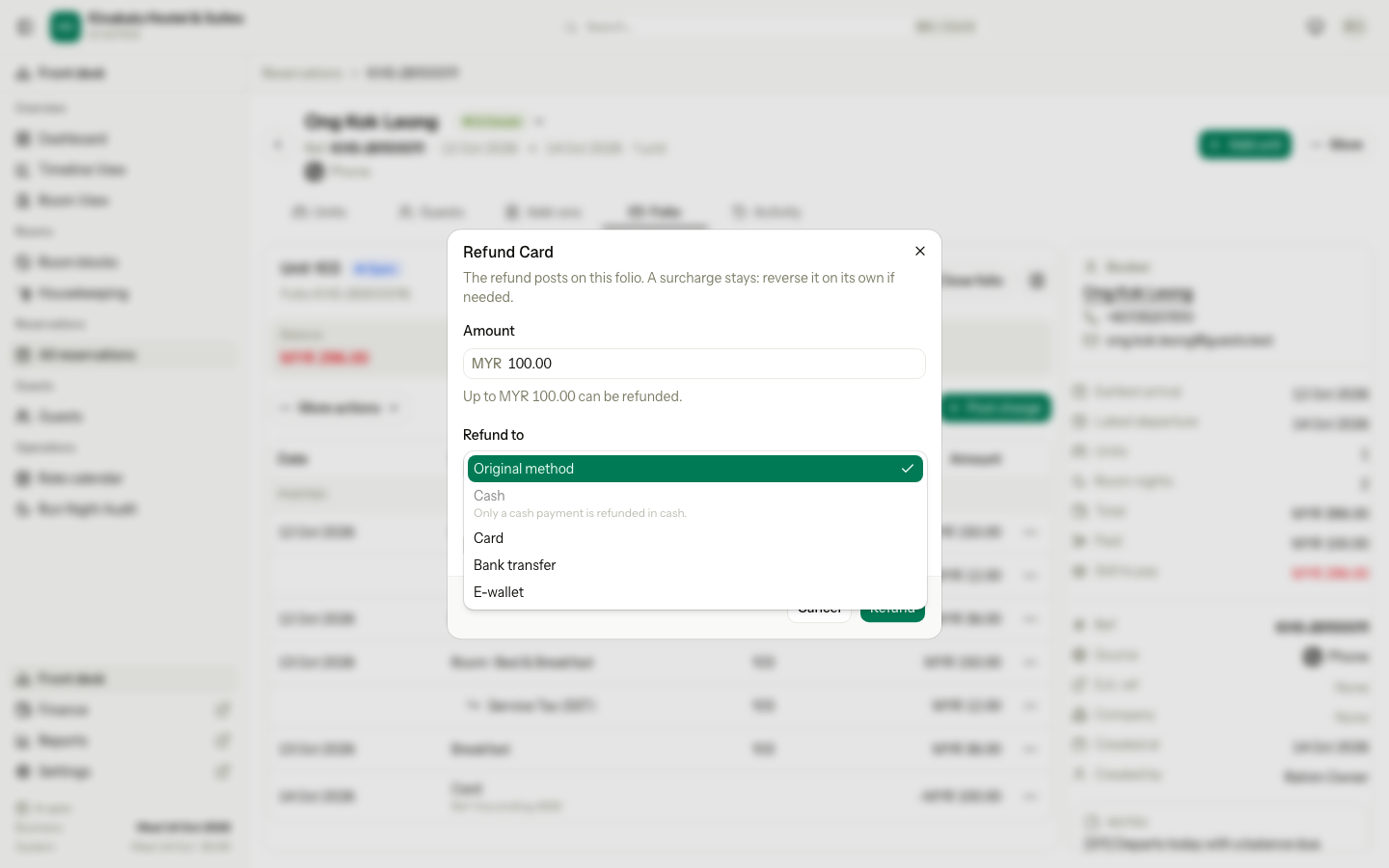 The Refund to list for a card payment, with Cash greyed out