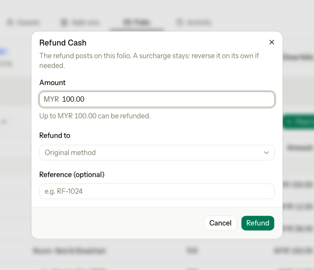 The Refund dialog for a cash payment