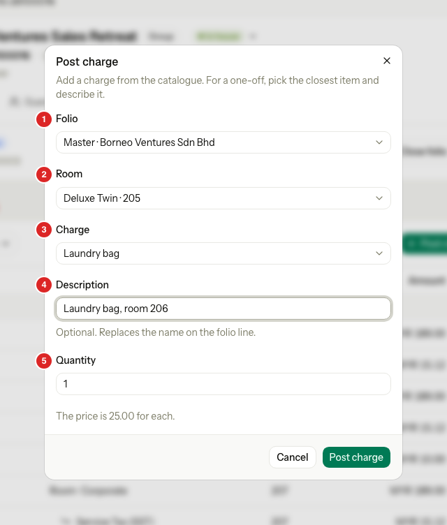 The Post charge dialog with Laundry bag chosen and a description