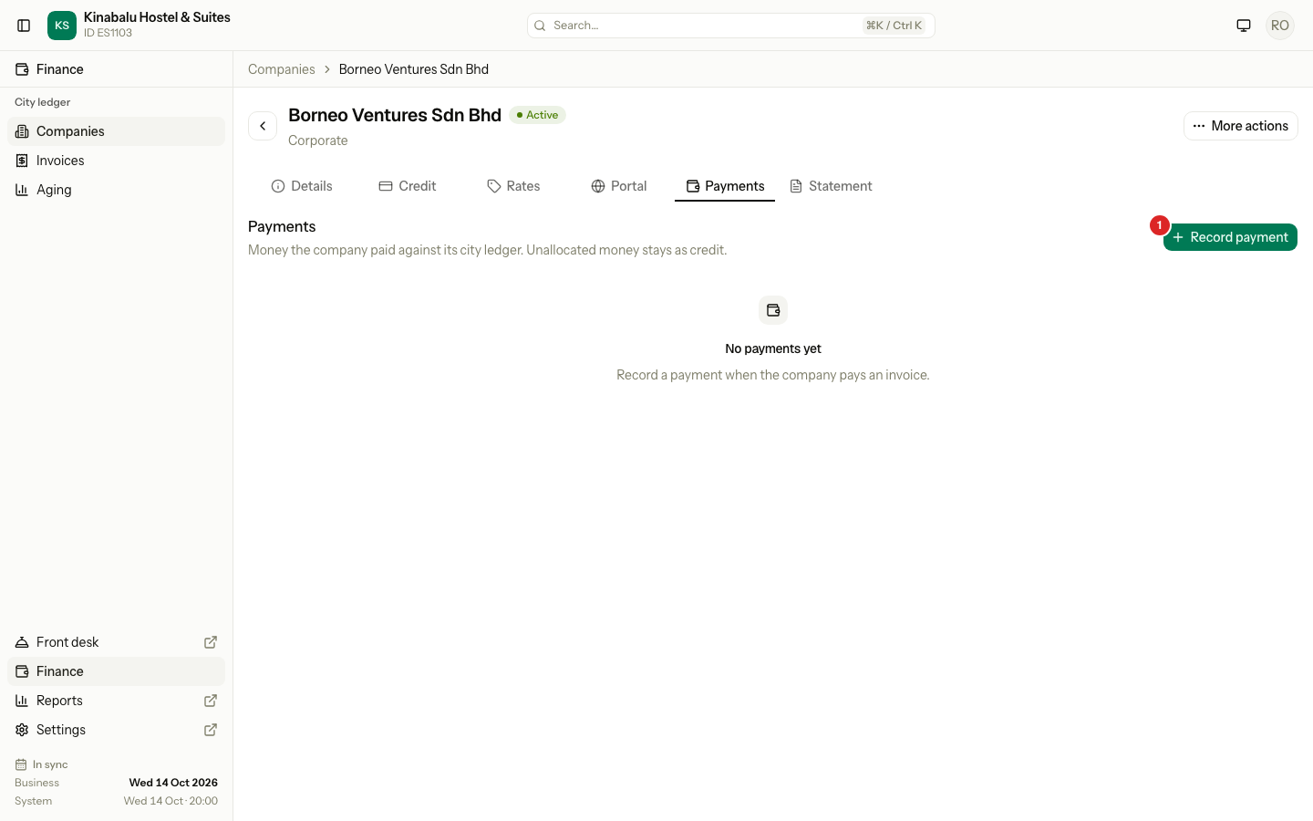 The Payments tab of a company with Record payment numbered 1