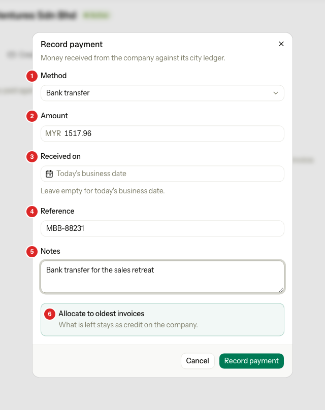 The Record payment dialog with the method, amount, date, reference, notes and the allocate tick numbered