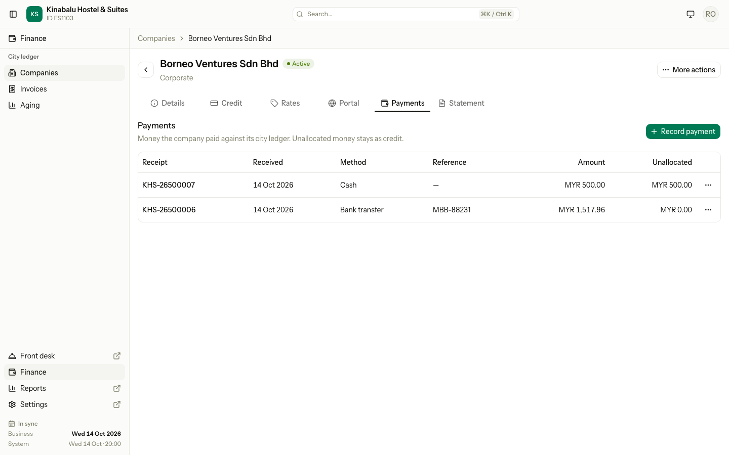 The Payments tab with two payments: one fully allocated, one not allocated yet