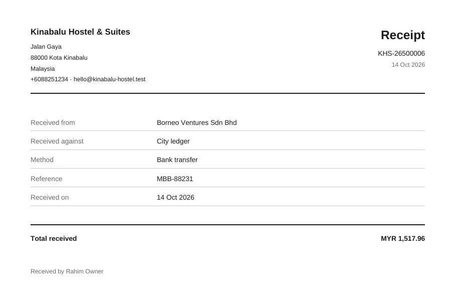 The receipt of a bank transfer from Borneo Ventures Sdn Bhd