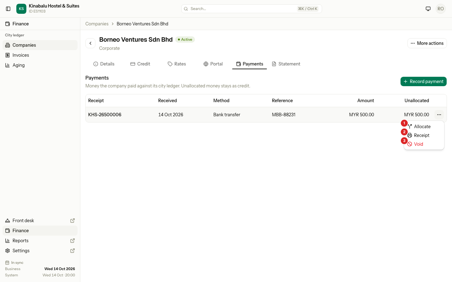 The row menu of a payment with Allocate, Receipt and Void
