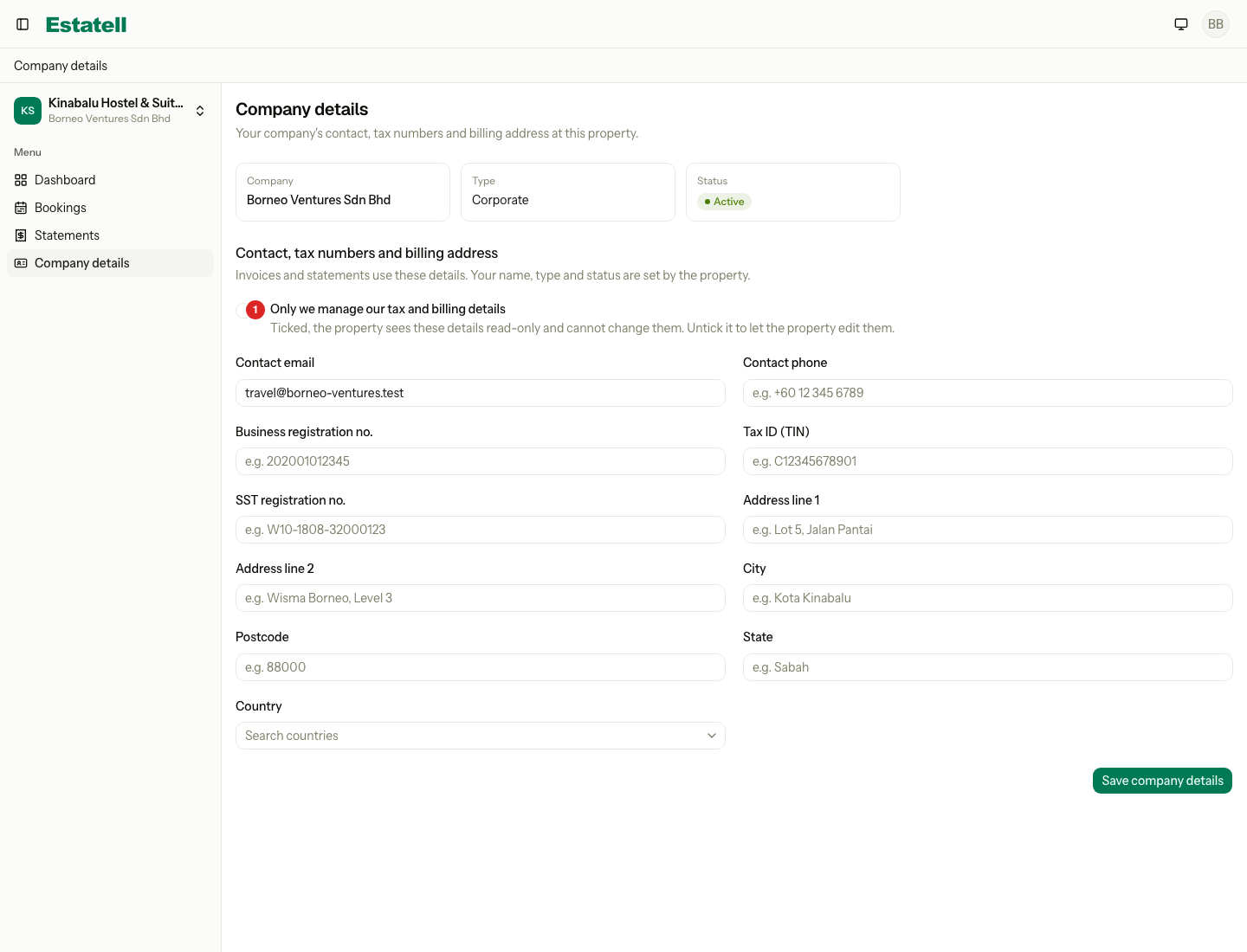The Company details page, with the tick numbered 1