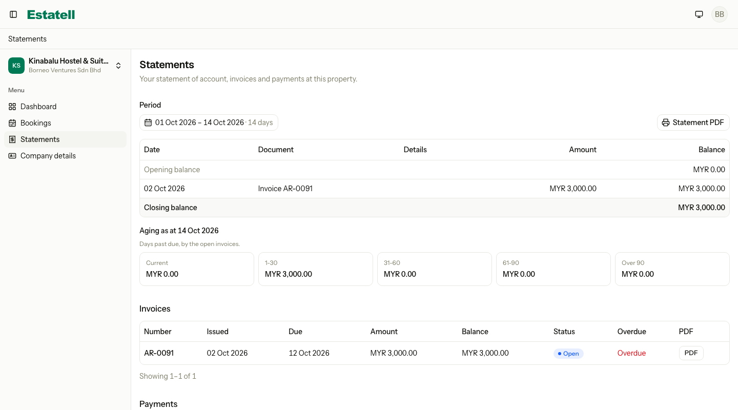 The Statements page of the portal