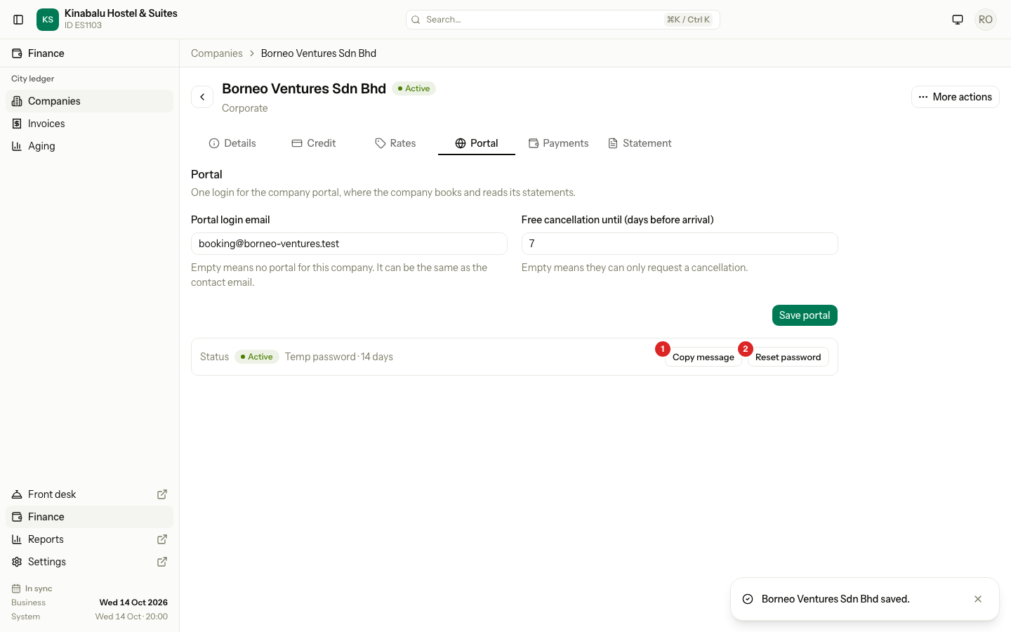 The Portal tab with an Active login, with Copy message and Reset password numbered 1 and 2