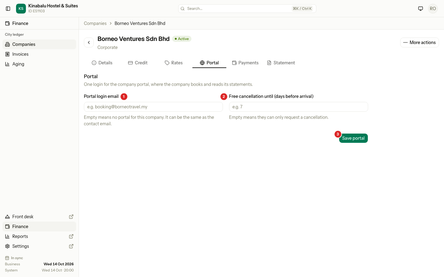 The Portal tab of a company with no login, with Portal login email, Free cancellation and Save portal numbered 1 to 3