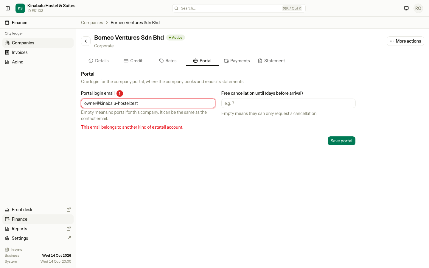 The Portal tab after a refusal, with Portal login email numbered 1