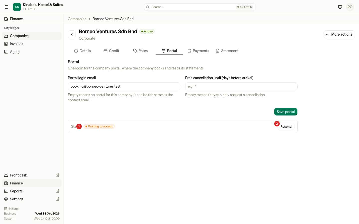 The Portal tab of an invitation that is Waiting to accept, with Waiting to accept and Resend numbered 1 and 2