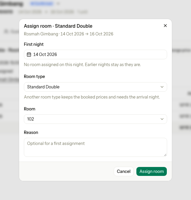 The Assign room dialog for a Standard Double, 14 to 16 Oct: the first night 14 Oct has no room, room 102 is chosen, and the reason is optional