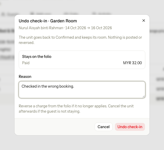 The Undo check-in dialog for a Garden Room, with MYR 32.00 paid staying on the folio and a reason entered