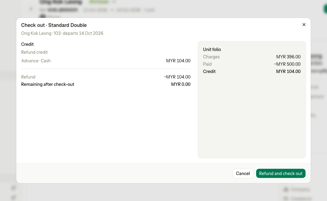 The Check out dialog with MYR 396.00 in charges and MYR 500.00 paid, so a credit of MYR 104.00 is refunded to the cash advance