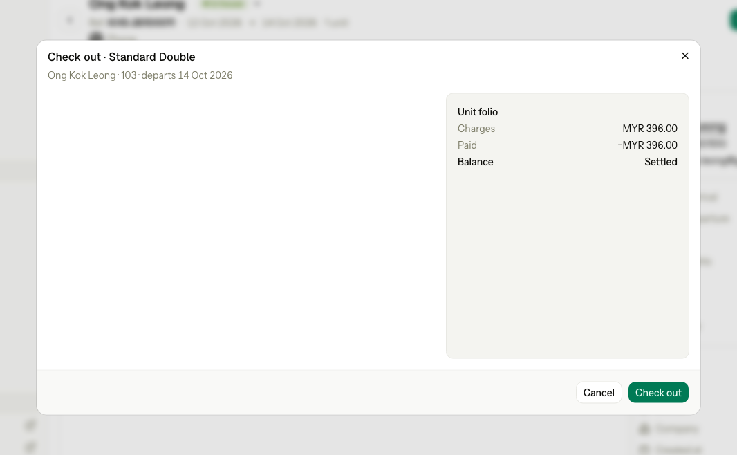 The Check out dialog with MYR 396.00 in charges and MYR 396.00 paid, so the balance is Settled and the button is Check out