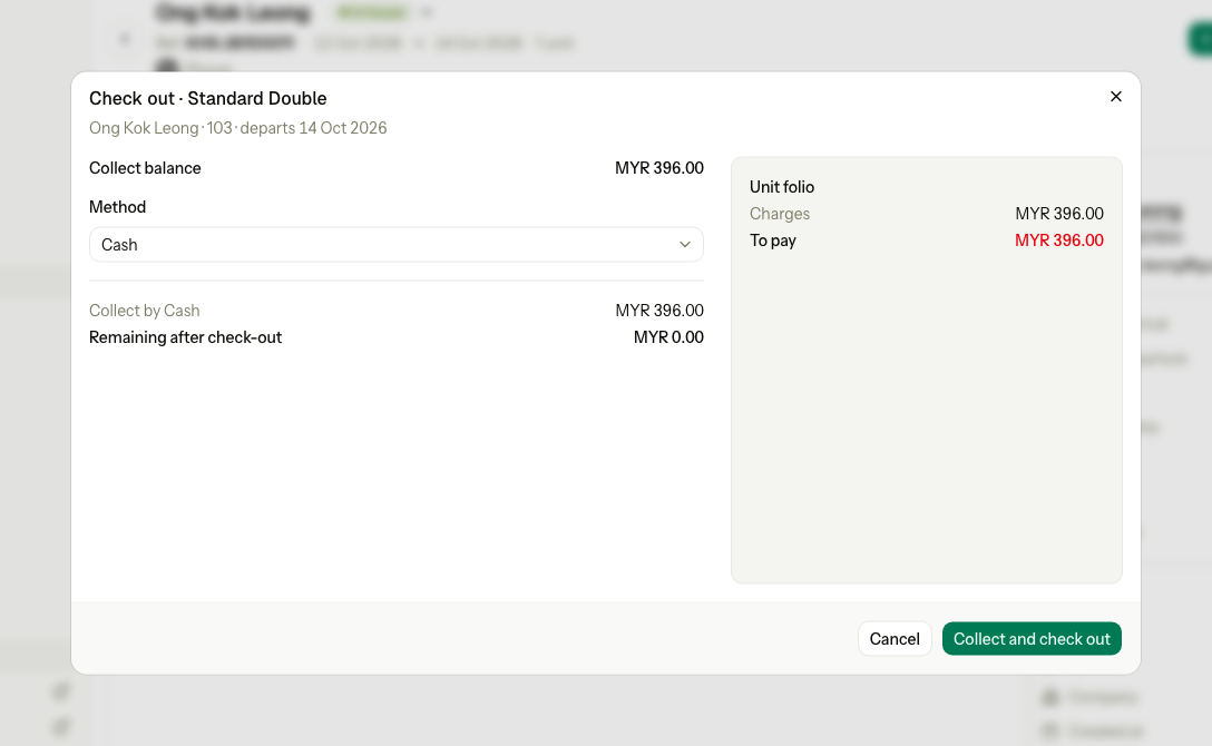 The Check out dialog for a Standard Double, with MYR 396.00 to pay, collected in cash, and MYR 0.00 remaining after check-out