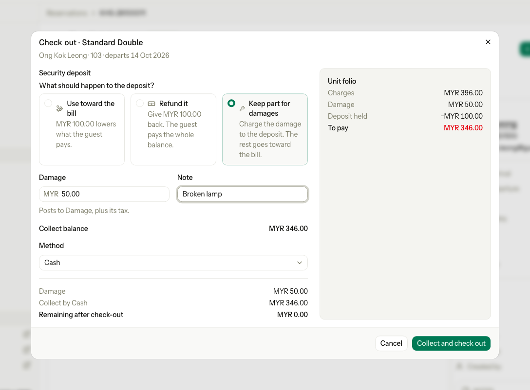 Keep part for damages selected: MYR 50.00 damage for a broken lamp, so MYR 396.00 in charges plus MYR 50.00 damage less the MYR 100.00 deposit leaves MYR 346.00 to collect