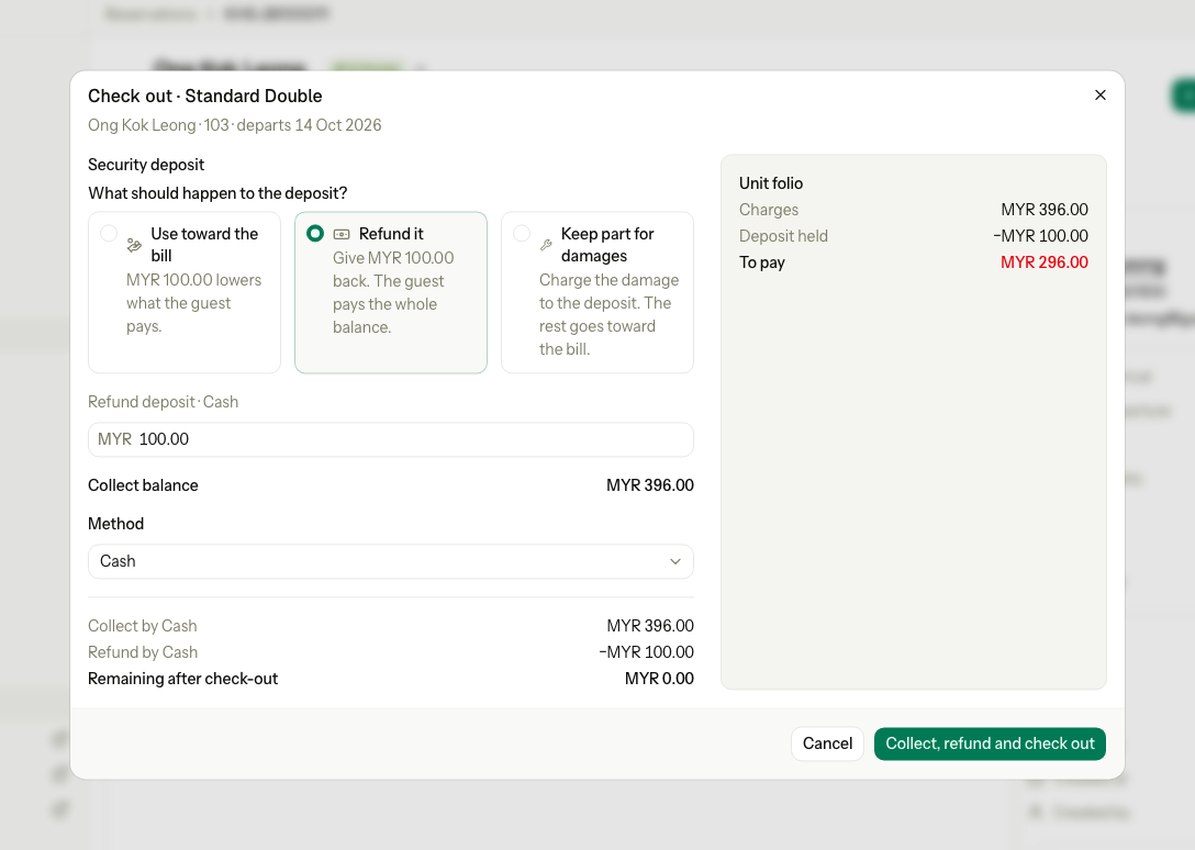 Refund it selected: MYR 396.00 collected in cash and the MYR 100.00 deposit refunded in cash