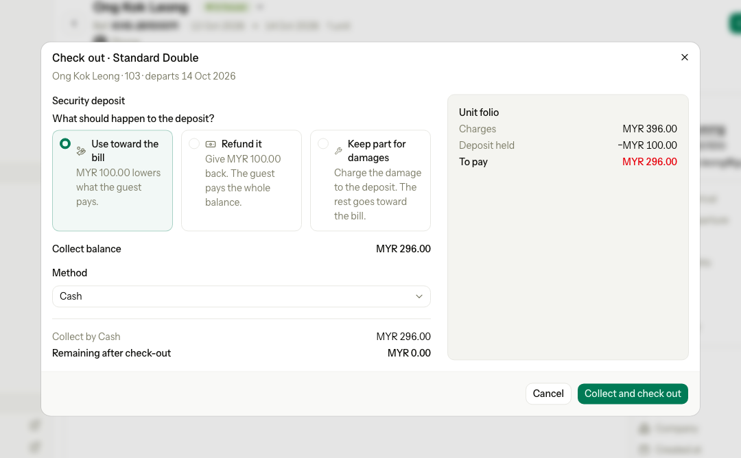 Use toward the bill selected: MYR 396.00 in charges less the MYR 100.00 deposit leaves MYR 296.00 to collect in cash