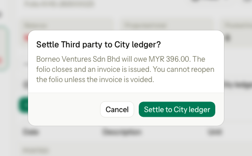 Settle Third party to City ledger: Borneo Ventures Sdn Bhd will owe MYR 396.00, the folio closes and an invoice is issued