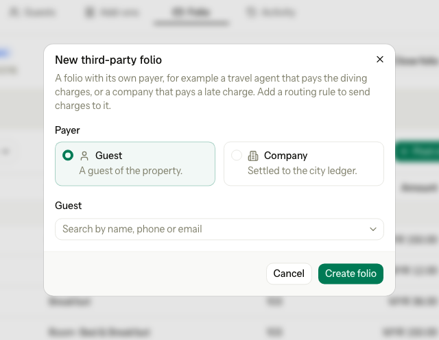 The New third-party folio dialog, with Guest selected as the payer and a guest search field
