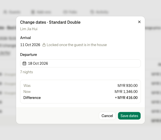 The Change dates dialog for a guest in house: the arrival 11 Oct is locked, the departure moves from 16 to 18 Oct, and the difference is MYR 416.00