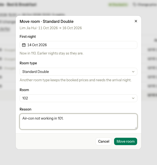The Move room dialog for a guest in house in room 101, moving to room 102 from 14 Oct, with the reason Air-con not working in 101