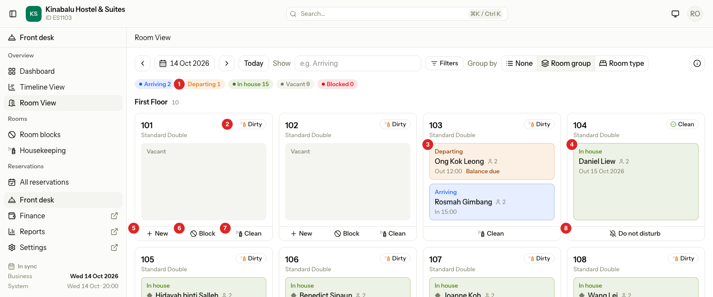 Room View for 14 Oct: the toolbar, the day summary, and the first cards of the First Floor group
