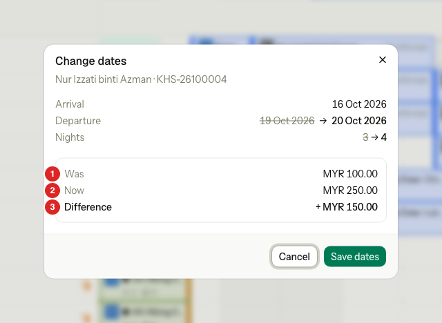 The Change dates dialog: the departure moves from 19 to 20 Oct, 4 nights, with Was, Now and Difference numbered