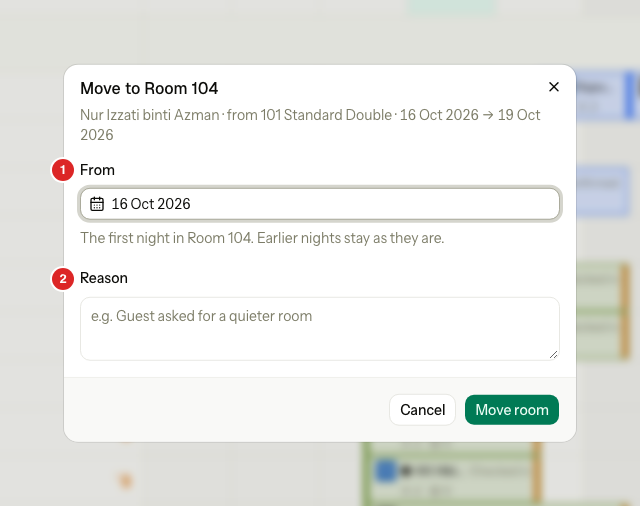 The Move to Room 104 dialog with From and Reason