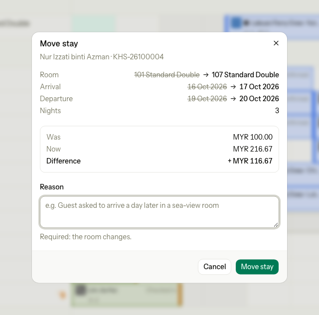 The Move stay dialog: room 101 to 107, arrival 16 to 17 Oct, departure 19 to 20 Oct, with the price and a required reason