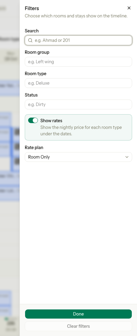 The filters sheet with Search, Room group, Room type, Status, Show rates and Rate plan