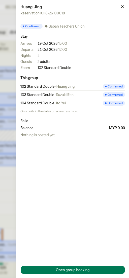 The peek sheet of a group stay: the status, the stay dates, the other rooms of the group and the folio