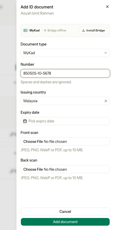 The sheet to add an ID document