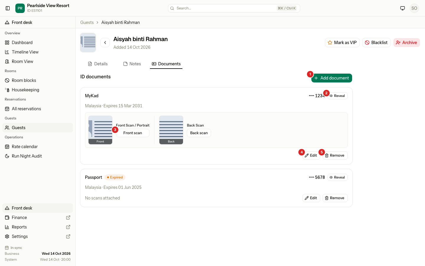 The Documents tab: 1 Add document, 2 Reveal, 3 Front scan, 4 Edit, 5 Remove