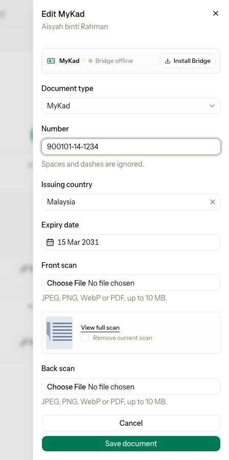 The sheet to edit an ID document