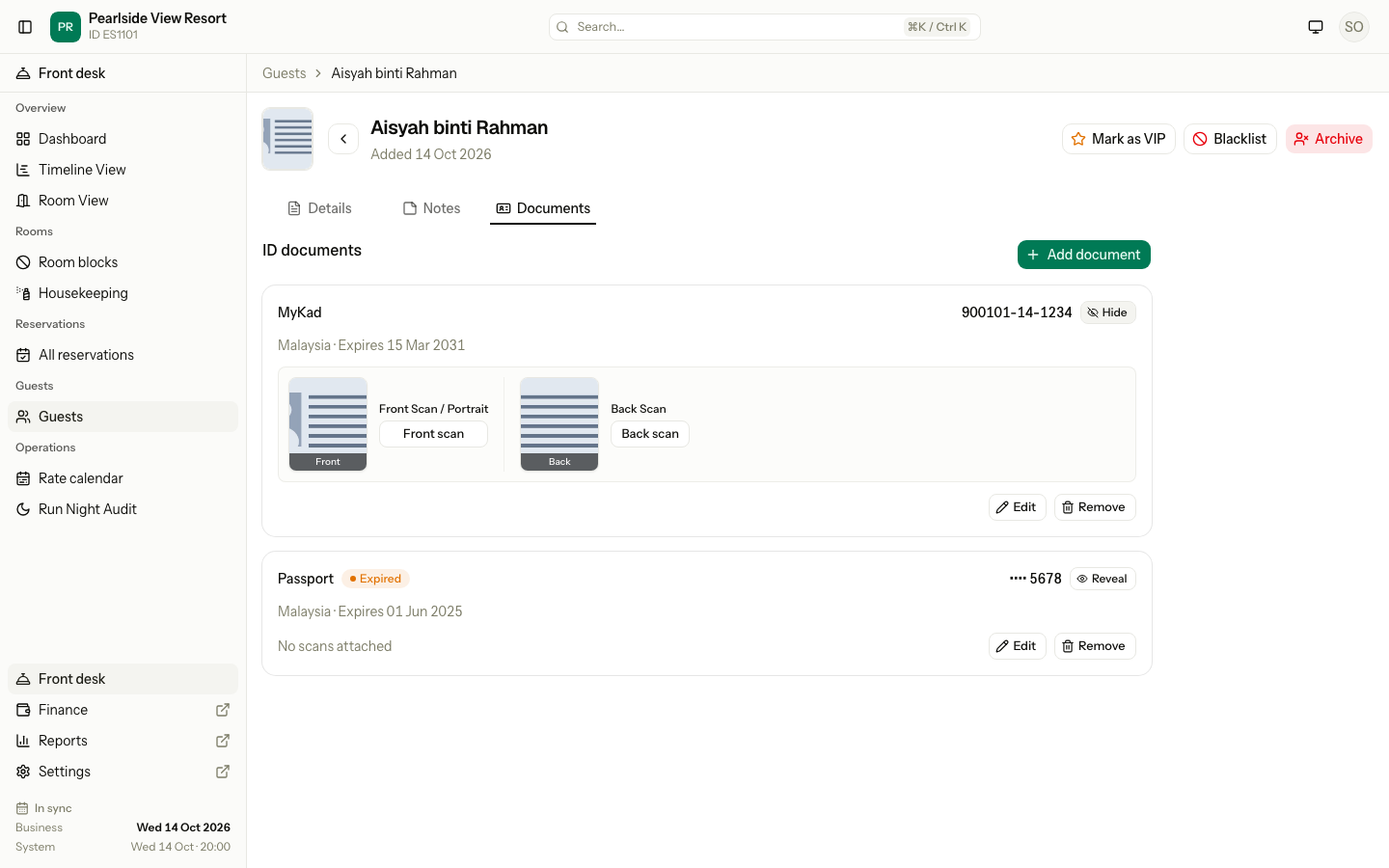 The Documents tab with the MyKad number shown