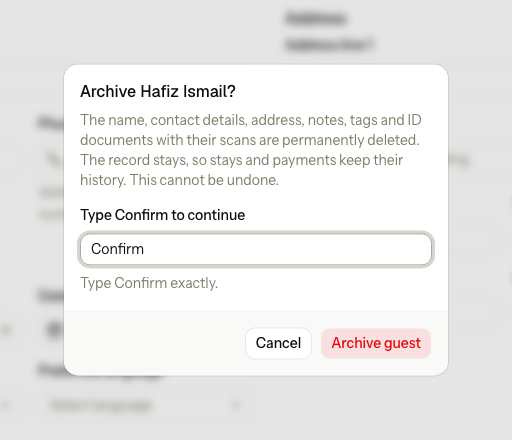 The dialog to archive a guest, with Confirm typed