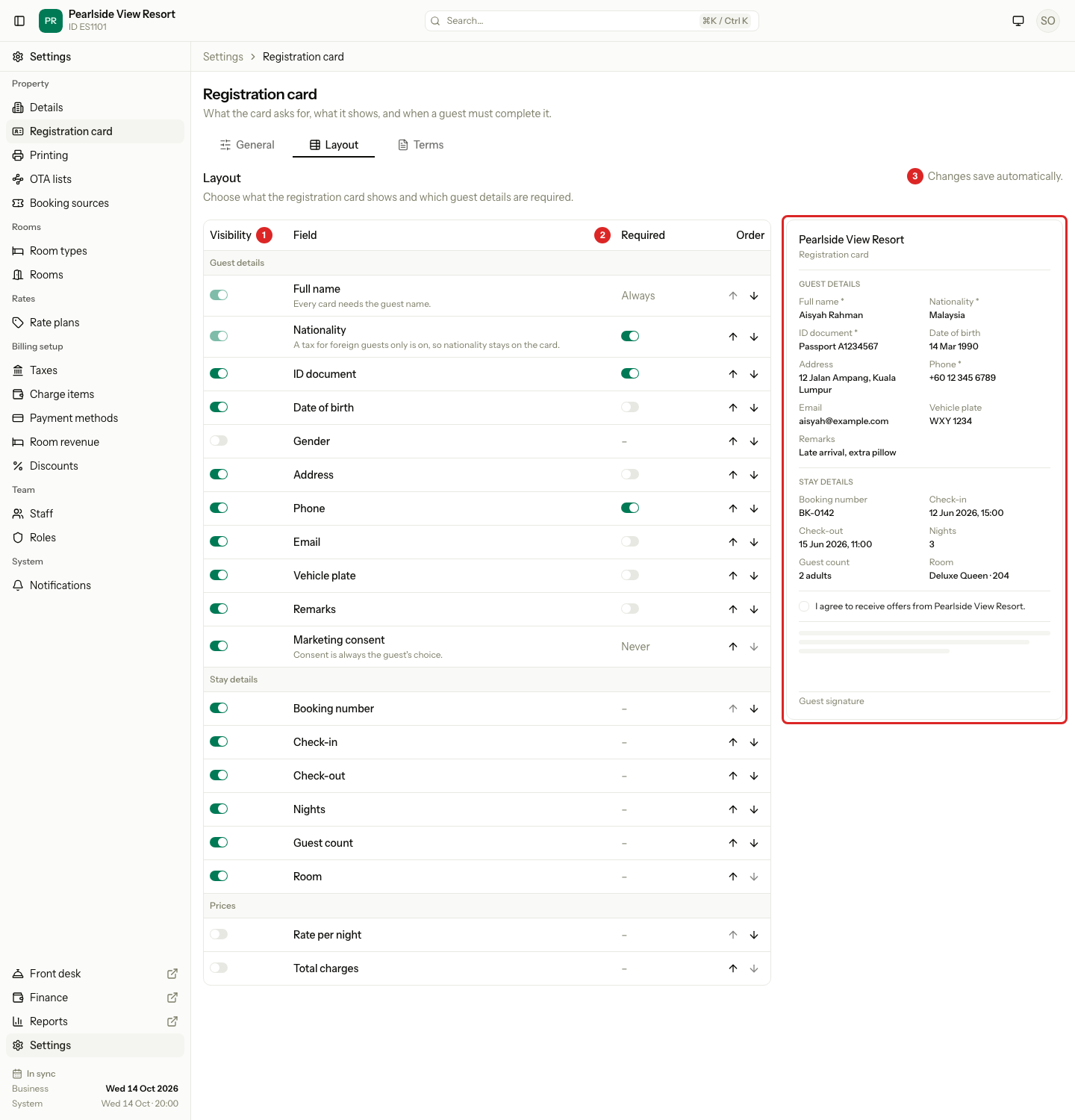 The Layout tab: 1 Visibility, 2 Required, 3 the saving message. The preview of the card is boxed in red.