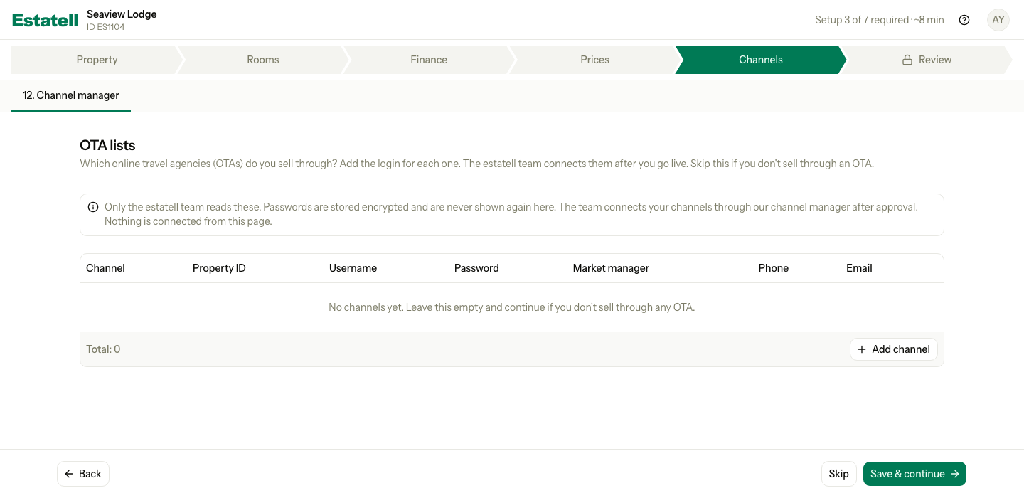 The OTA lists section with no channels yet