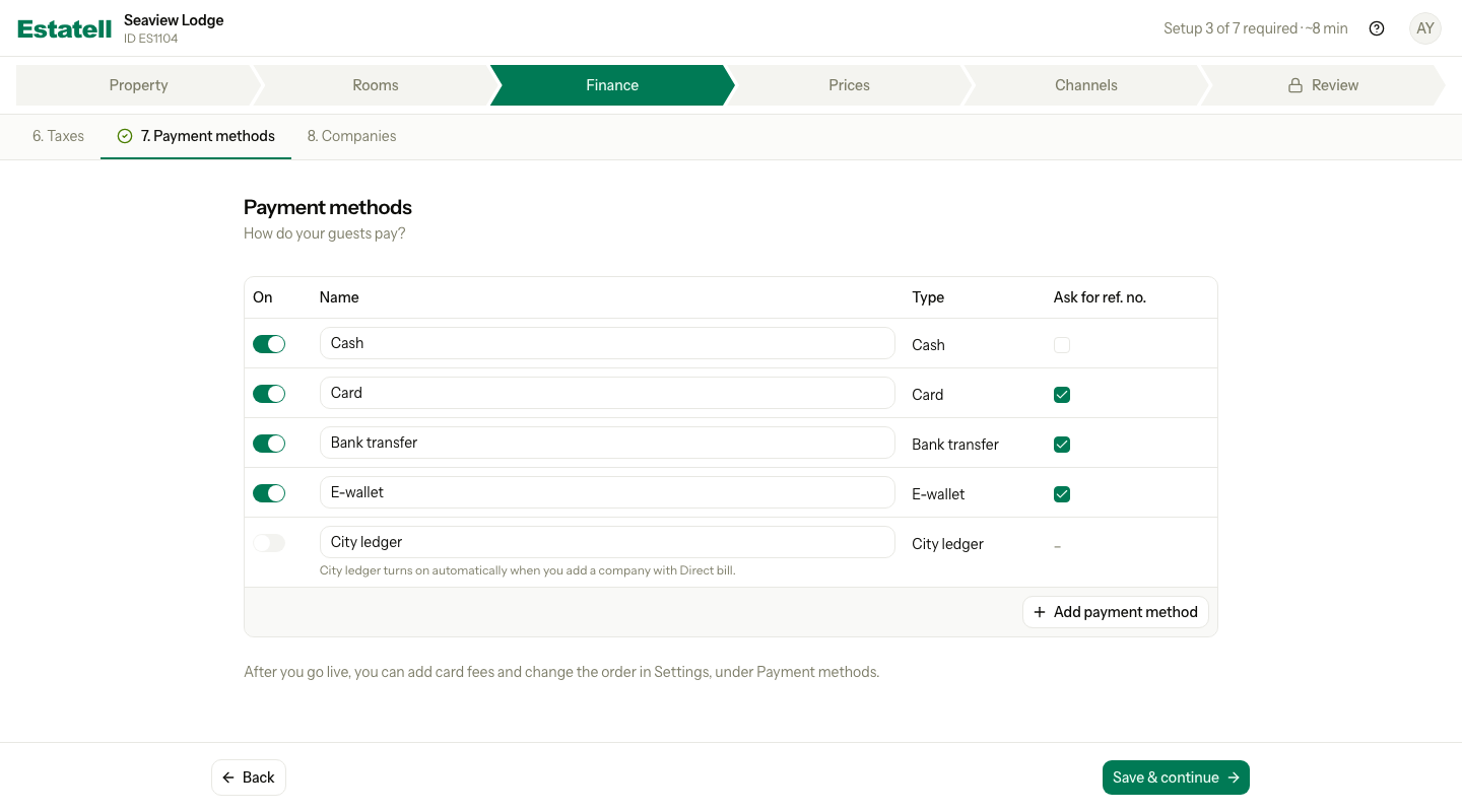 The Payment methods section with the methods Estatell starts with