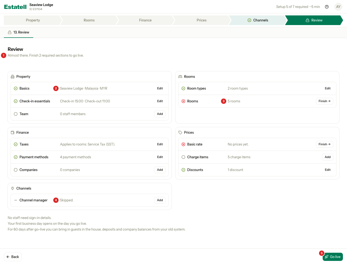 The Review page with two required sections left