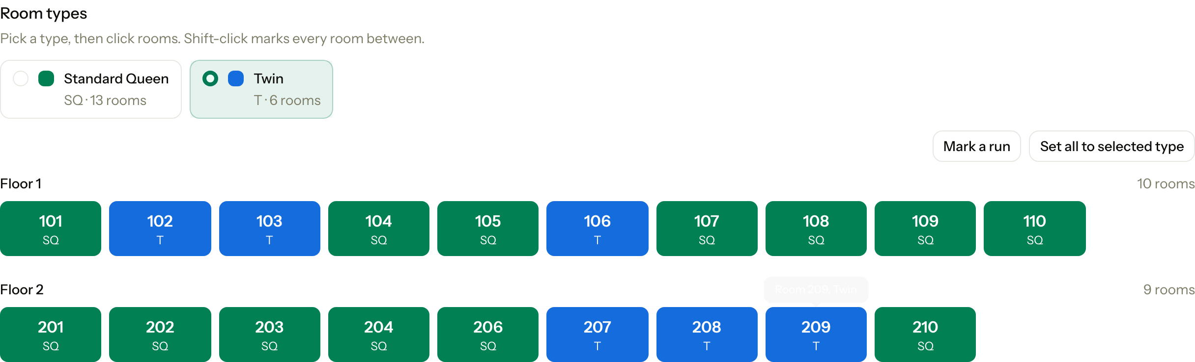 The grid with Twin picked and rooms 102, 103, 106 and 207 to 209 set to Twin