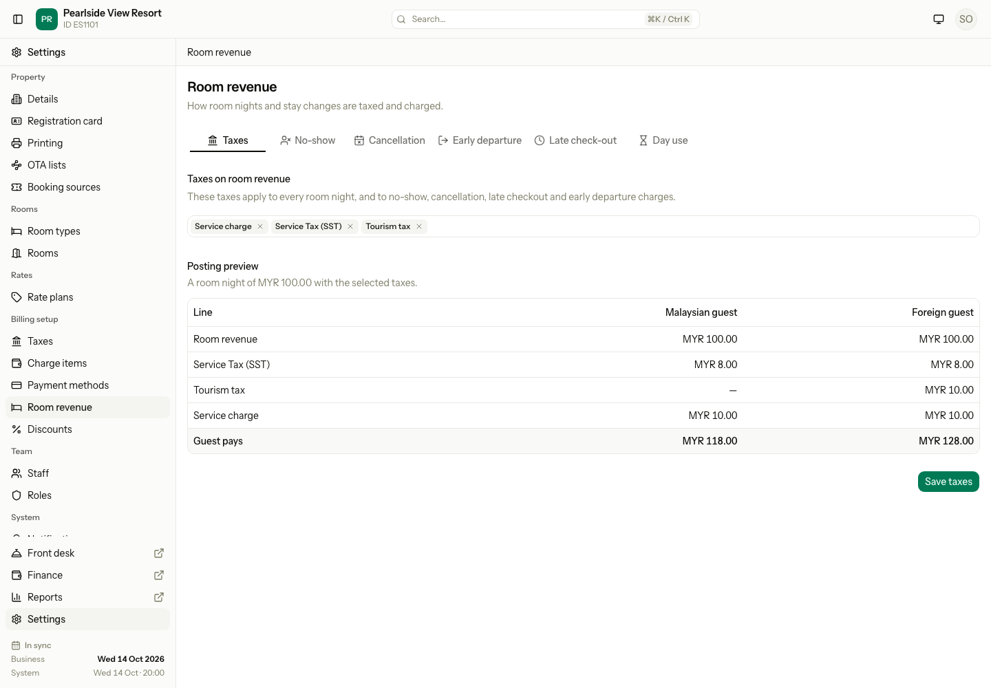 The Taxes tab with three taxes and the posting preview