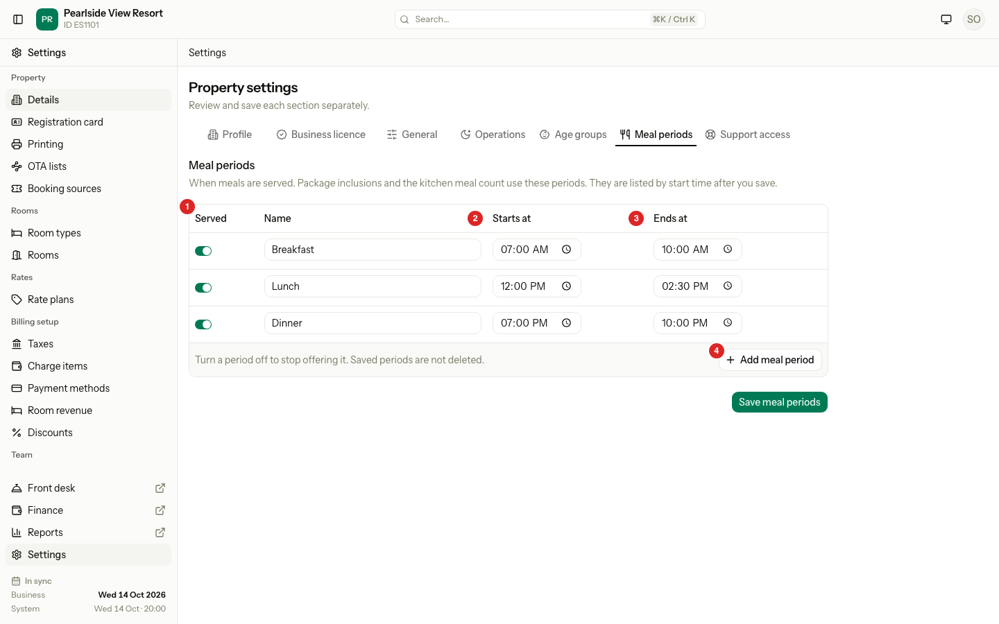 The Meal periods tab: 1 Served, 2 Starts at, 3 Ends at, 4 Add meal period