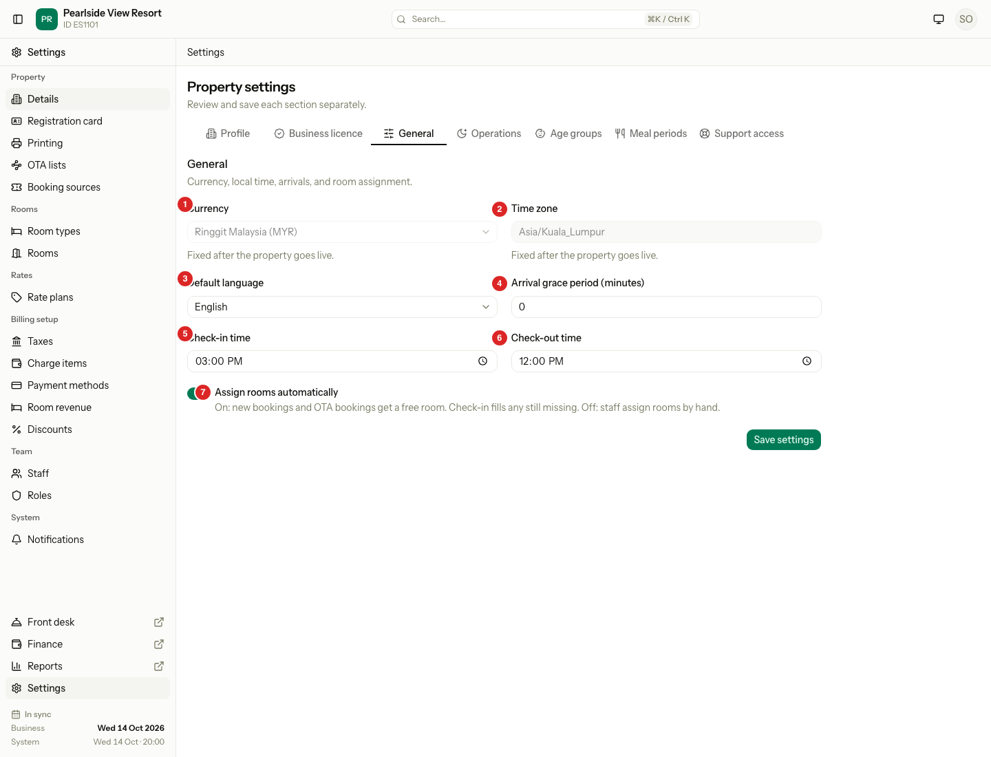 The General tab: 1 Currency, 2 Time zone, 3 Default language, 4 Arrival grace period, 5 Check-in time, 6 Check-out time, 7 Assign rooms automatically