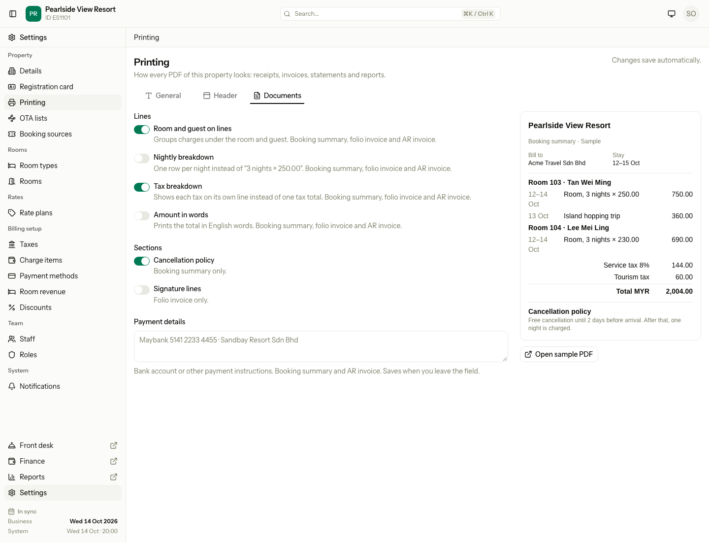 The Documents tab with the line and section switches and the payment details box